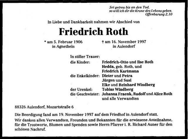 Roth Friedrich 1906-1997 Todesanzeige